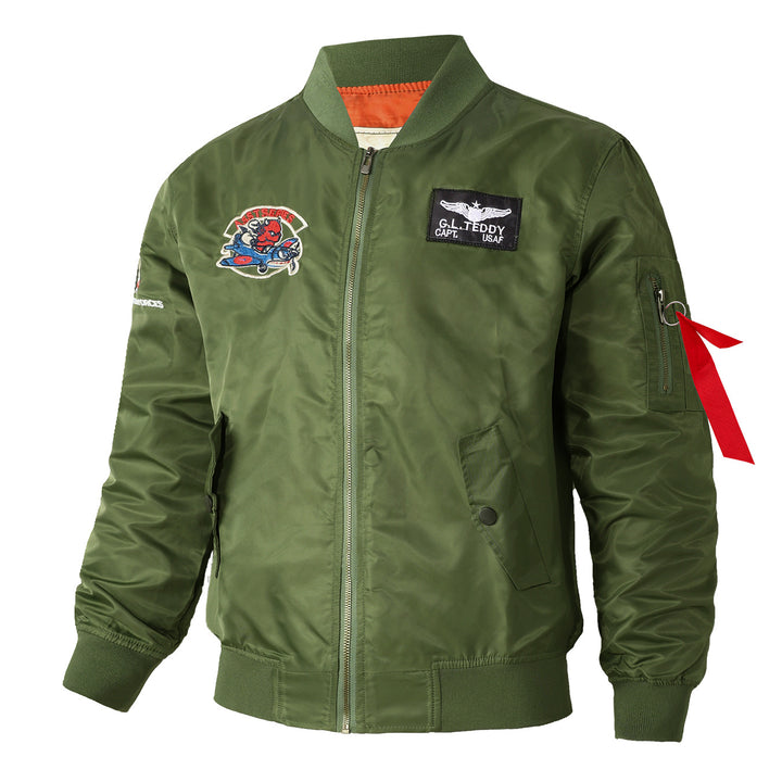 Men's  retro pilot-inspired flight jacket with embroidered crest, sleeve zipper utility pocket and contrast quilted lining Mune Fashion