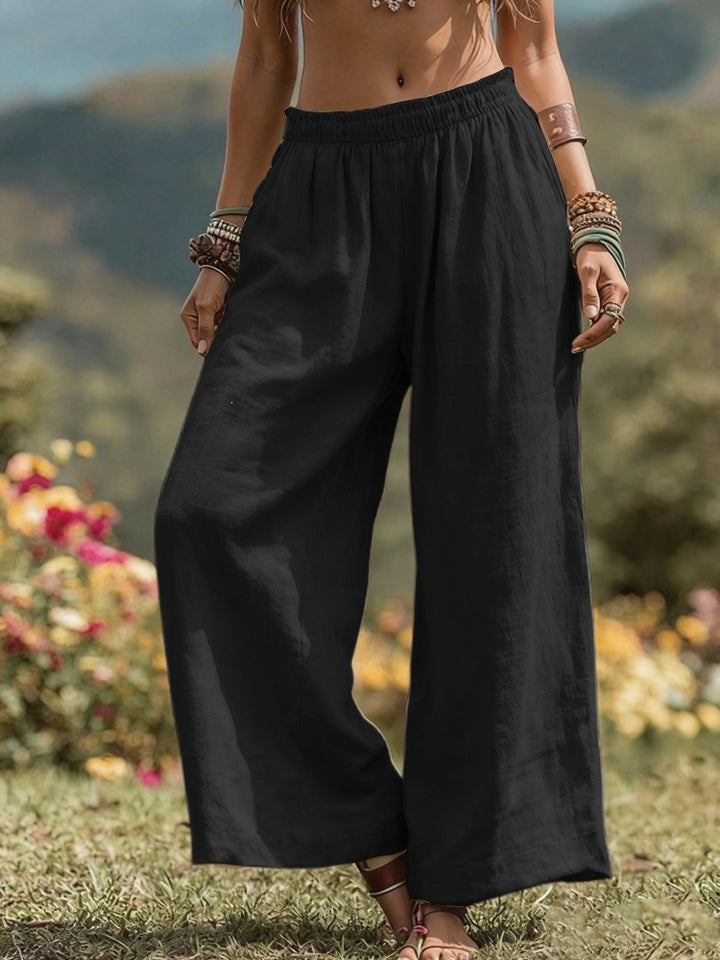 Women's Wide Linen Look Palazzo Pants with Elastic Waistband and Pockets Mune Fashion