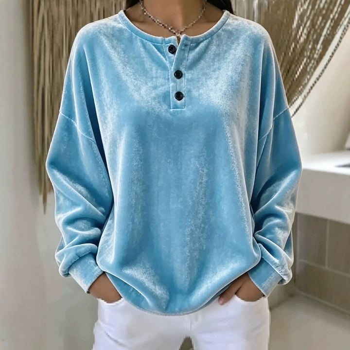 Women Casual Oversized Velvet Henley Shirt with Button Placket Mune Fashion