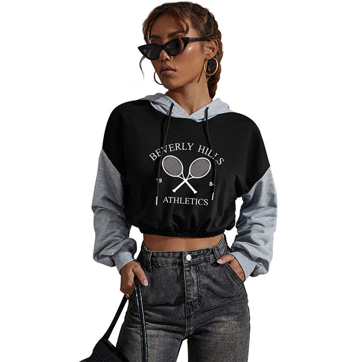 Women's Cropped Hoodie with Contrast Sleeves, Elastic Hem and Melting Smiley Print