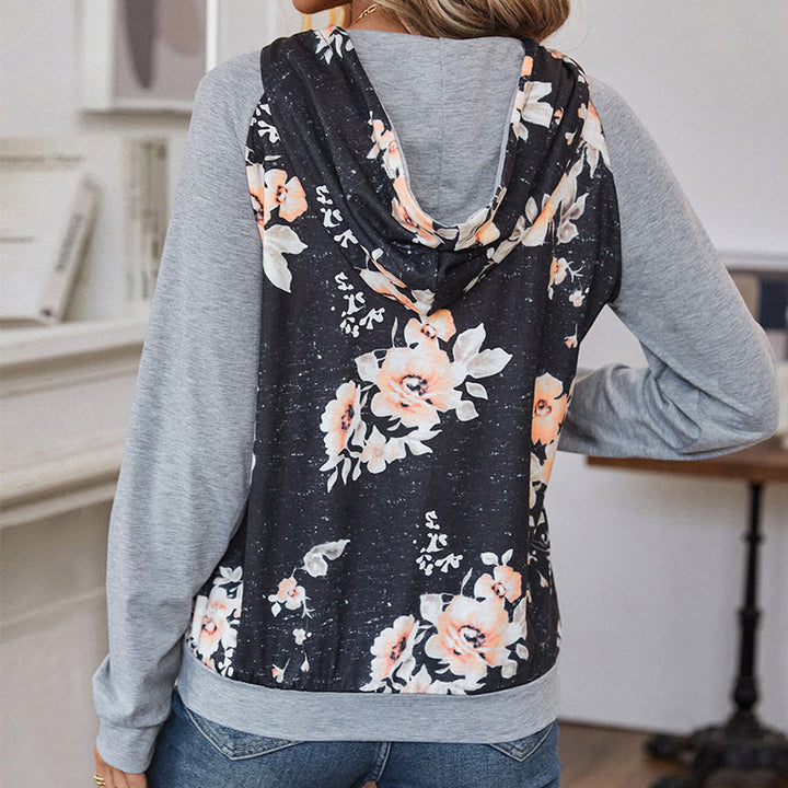 Women's Casual Hoodie with Floral Vintage Print, Raglan Sleeves and Kangaroo Pocket Mune Fashion