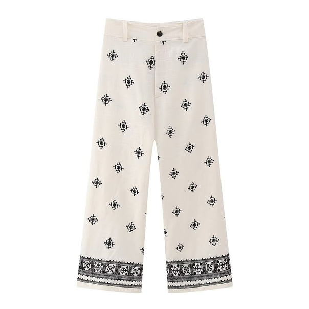 Women Embroidered Culotte Pants with Wide Leg and Border Print Mune Fashion