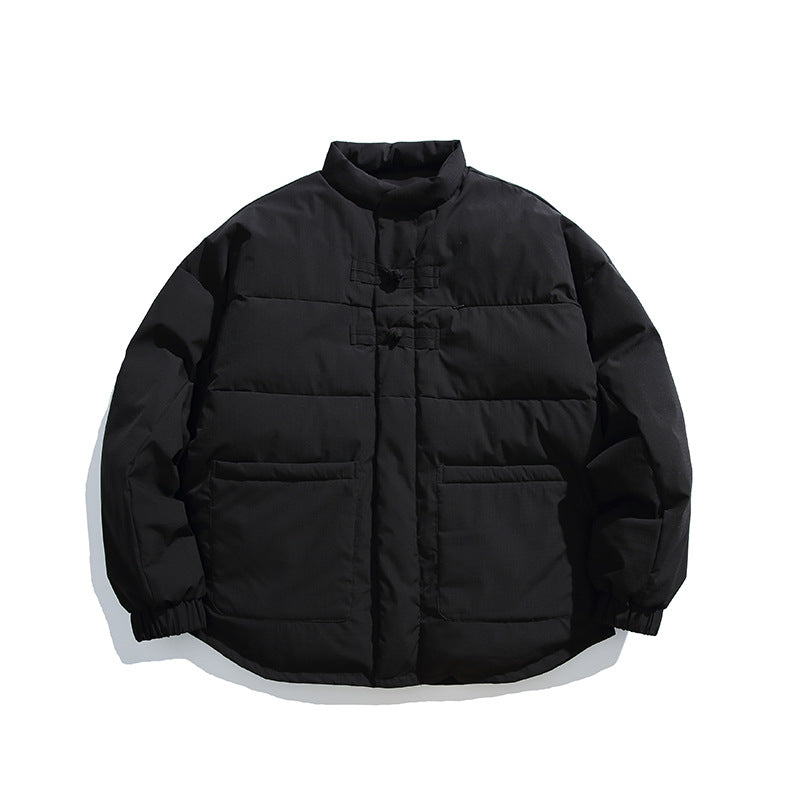 Unisex Boxy padded stand-up collar jacket with Chinese toggle closures and large front pockets Mune Fashion