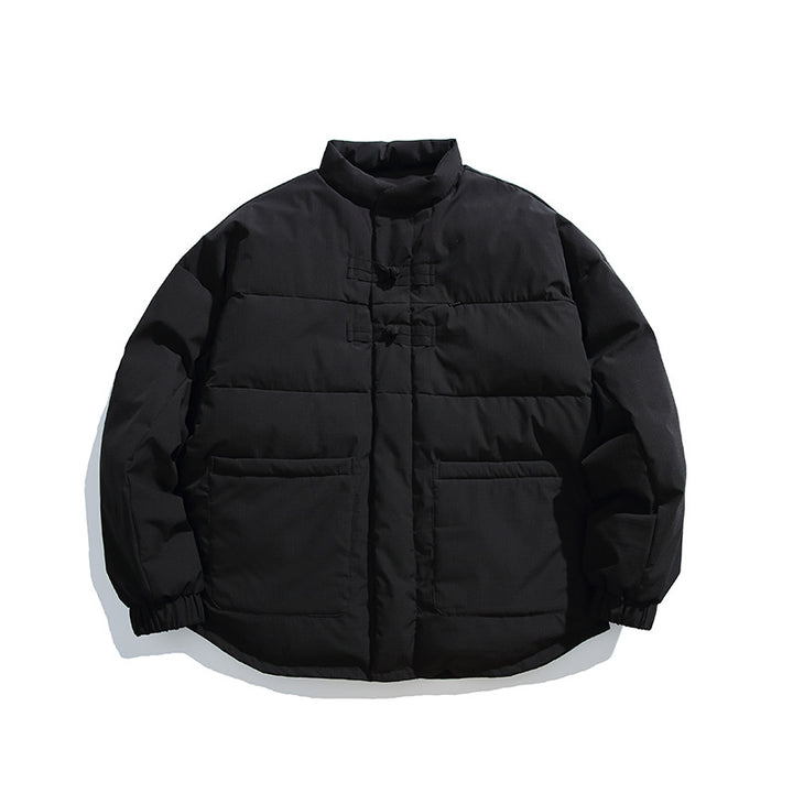 Unisex Boxy padded stand-up collar jacket with Chinese toggle closures and large front pockets Mune Fashion