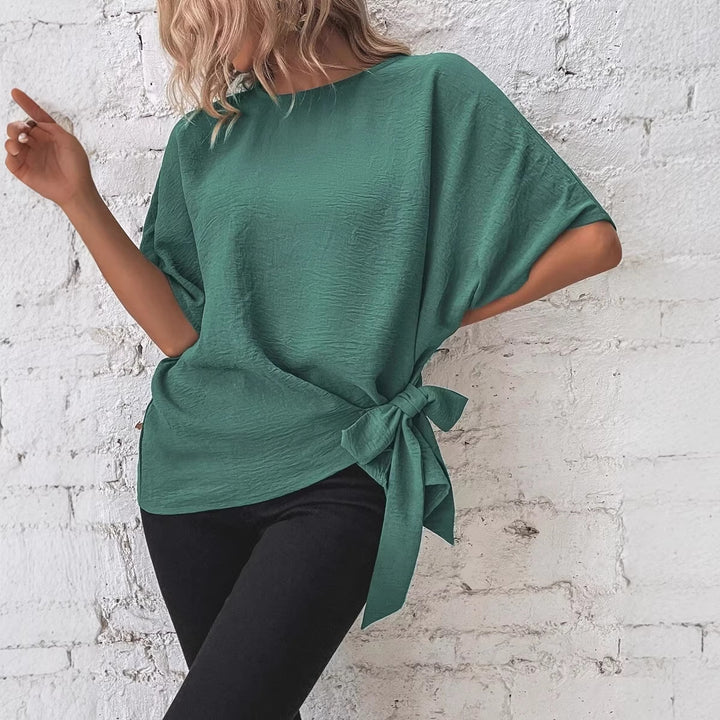 Women Oversize Short Sleeve Top with Side Bow and Crinkle Structure Mune Fashion