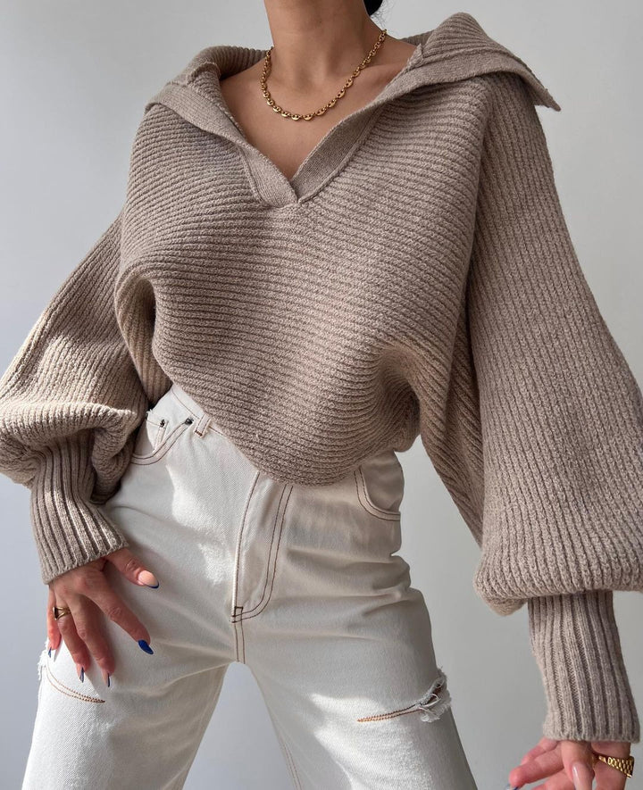 Women's Oversize Rib Sweater with Lapel Collar and Deep V-Neck Mune Fashion