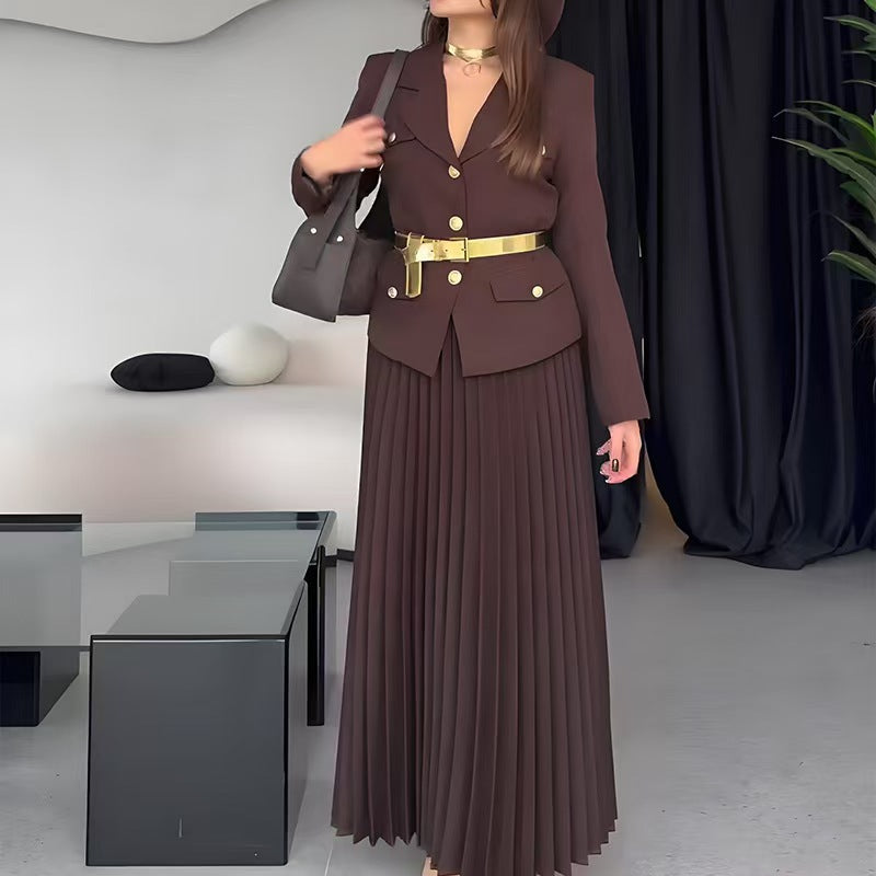 Women's Tailored Blazer with Belt and Pleated Maxi Skirt Set Mune Fashion