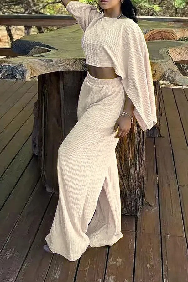 Women's Two-Piece Textured Loungewear Set with Cropped Cape Top and Maxi Skirt with Side Slit Drune