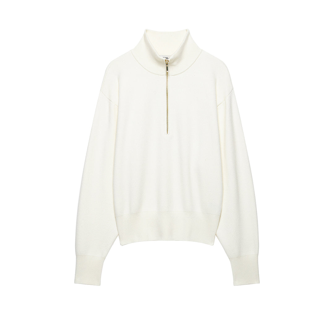 Women's Cropped Oversized Knit Sweater with Half Metal Zipper and Funnel Neck Mune Fashion