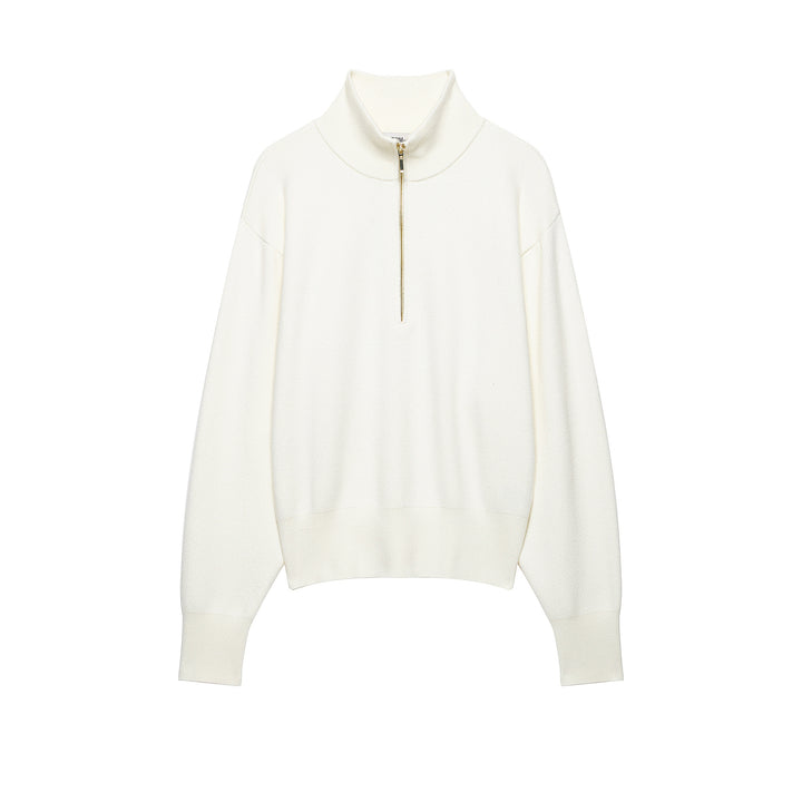 Women's Cropped Oversized Knit Sweater with Half Metal Zipper and Funnel Neck Mune Fashion