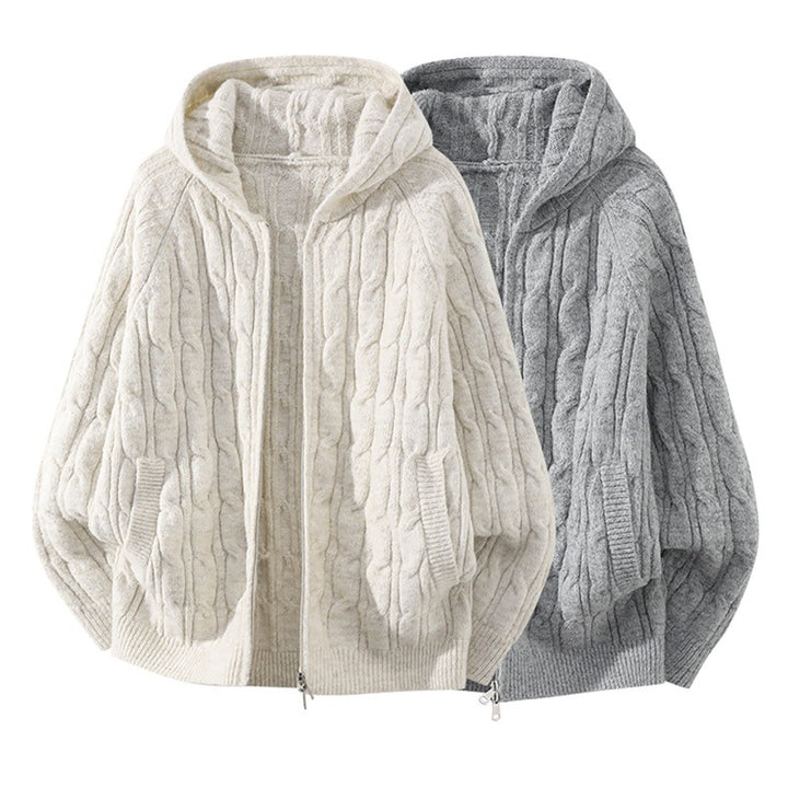 Women's Oversized Cable Knit Hooded Cardigan with Full Zip and Balloon Sleeves Mune Fashion