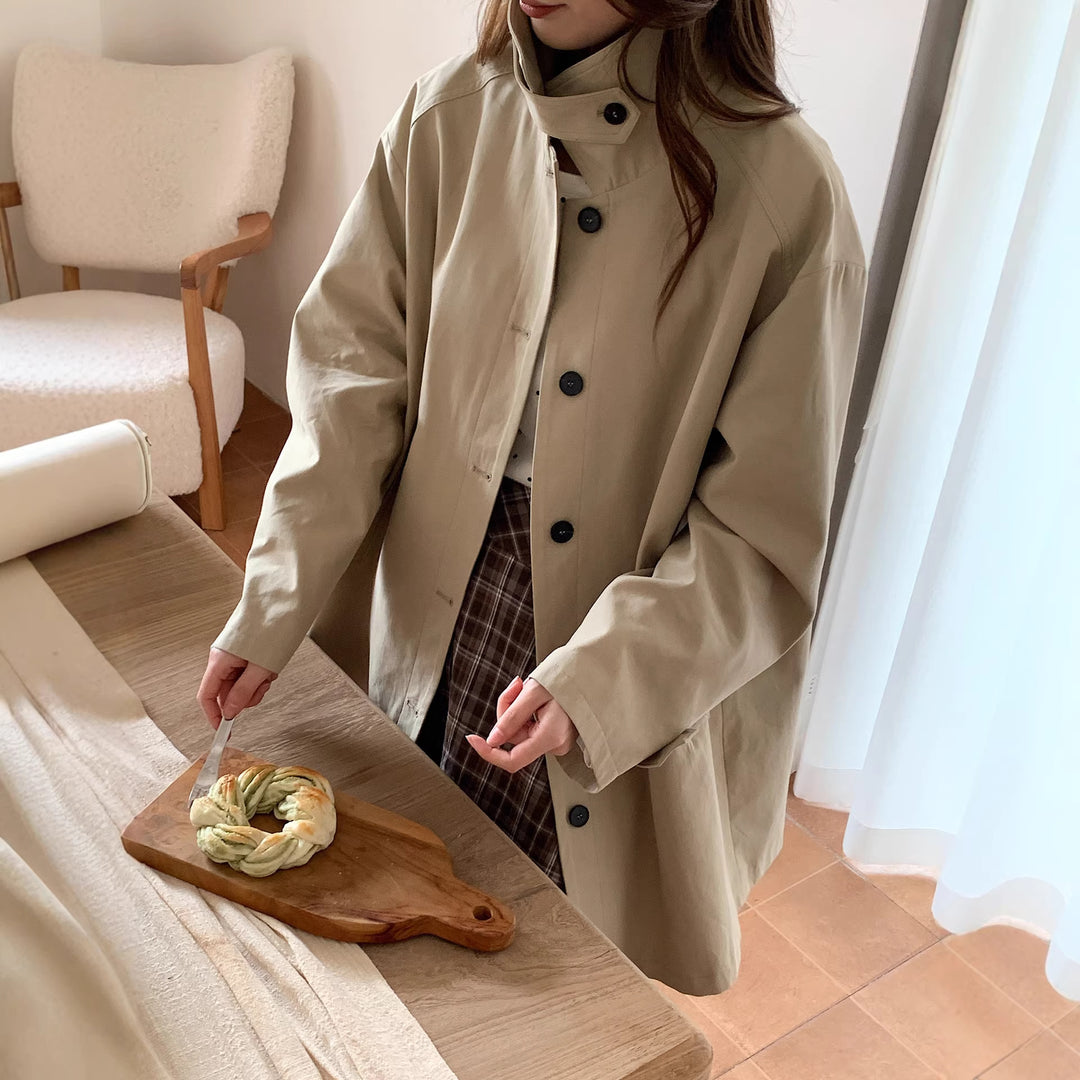 Women Boxy Short Coat with High Stand Collar Visible Button Closure and Side Pockets Mune Fashion