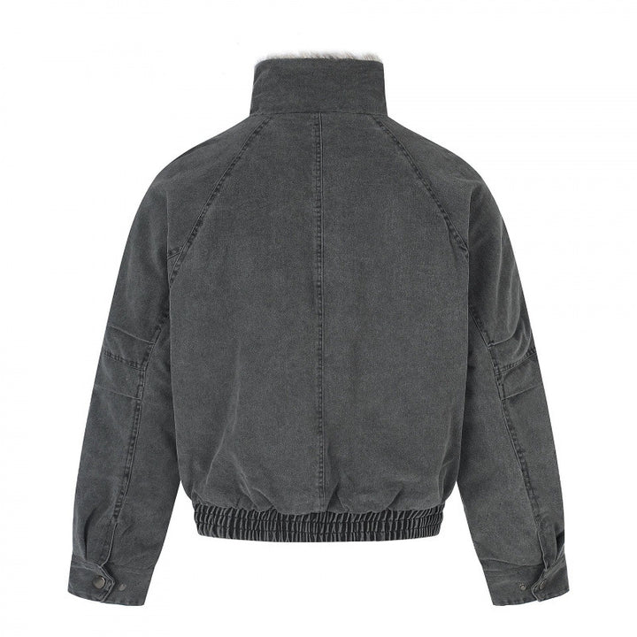 Women's Short Cut Corduroy Look Blouson Jacket with Faux Fur Lining and High Standing Collar Mune Fashion