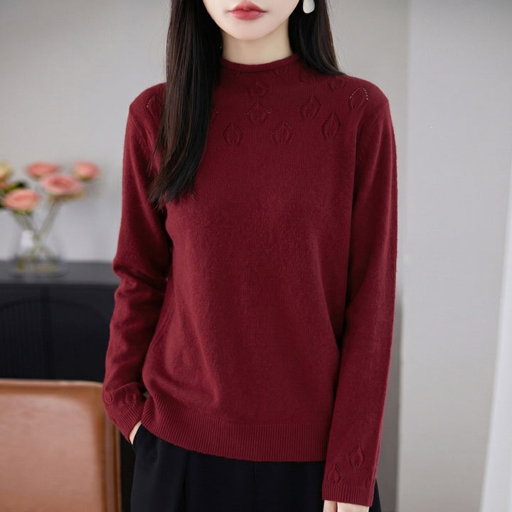 Women's Lightweight Stand Collar Sweater with Floral Lace Yoke and Fine Rib Edge Mune Fashion