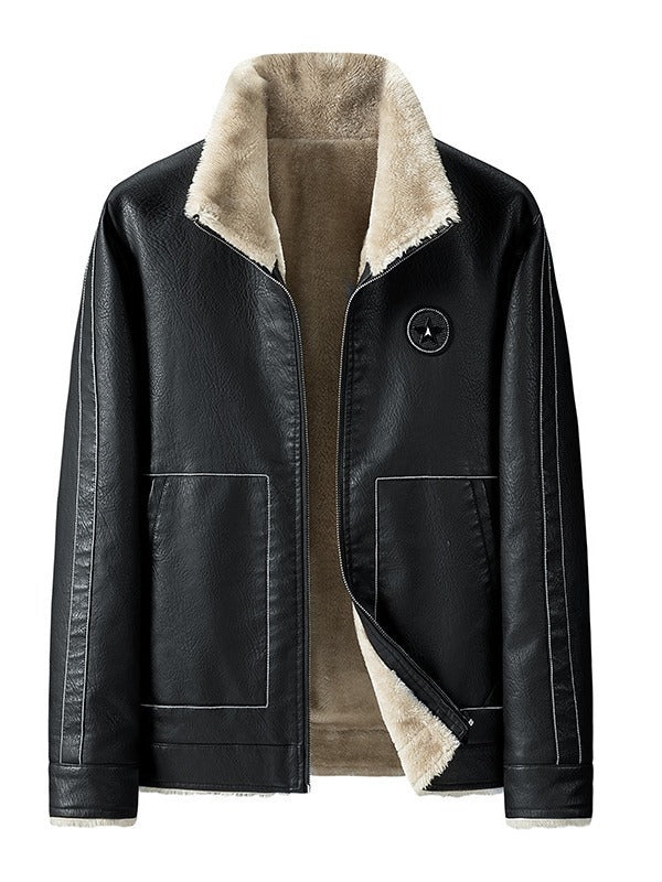 Men's Faux Leather Pilot Jacket with Sherpa Lining and Zip Mune Fashion