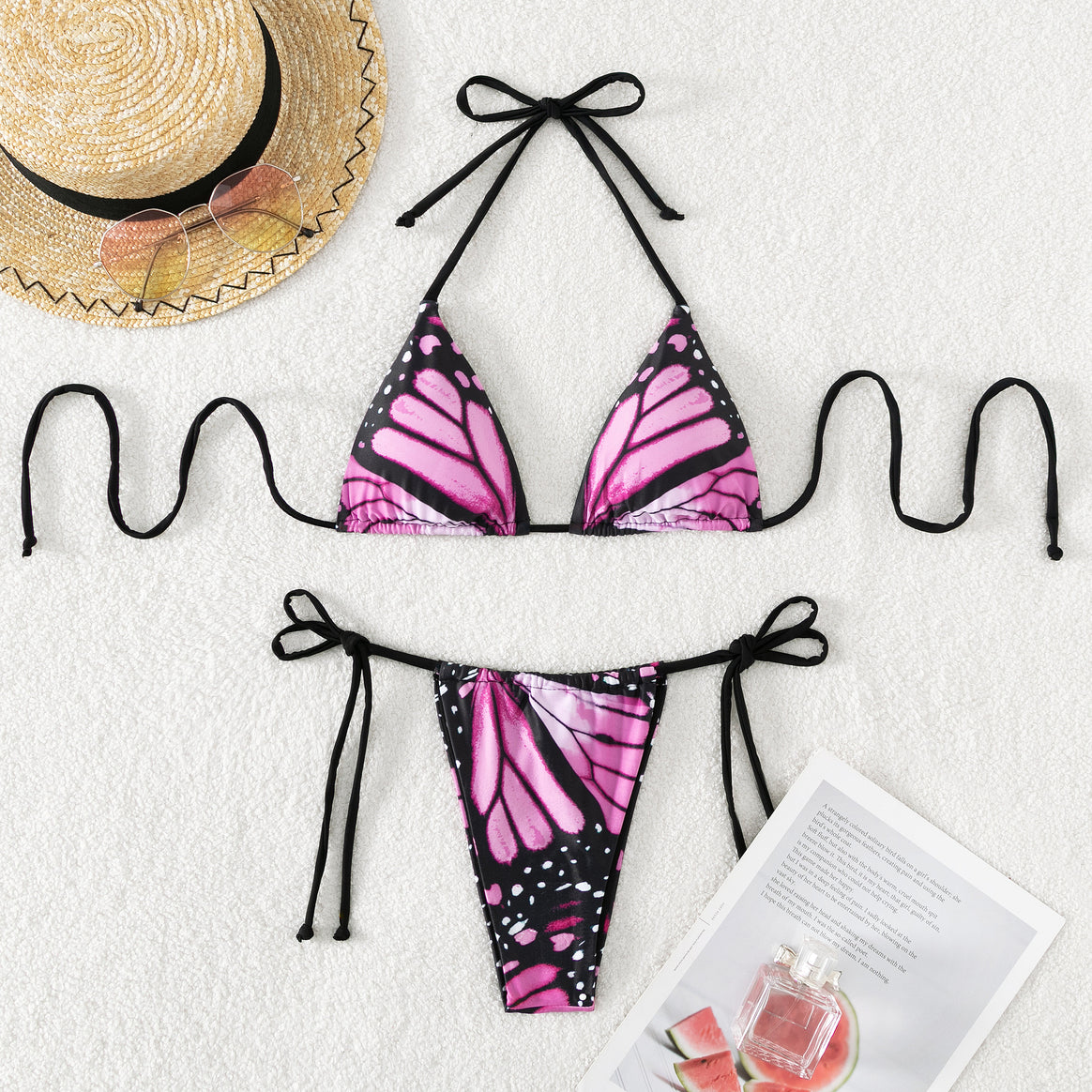 Women's triangle bikini with colorful butterfly pattern and adjustable tie straps Mune Fashion