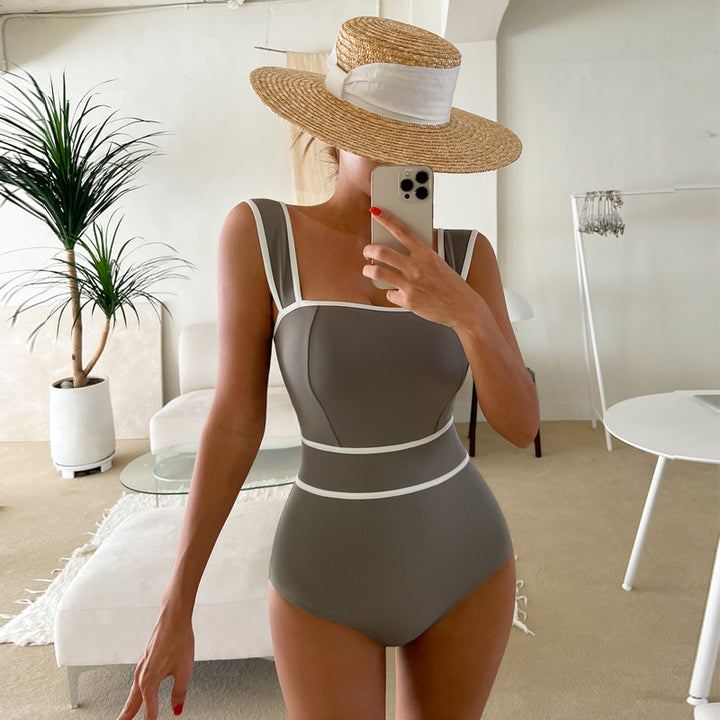 Women's One-Piece Swimsuit with Fashionable Contrast Trim Mune Fashion