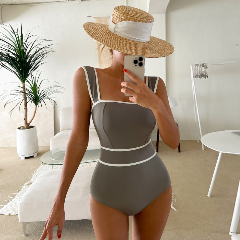 Women's One-Piece Swimsuit with Fashionable Contrast Trim Mune Fashion