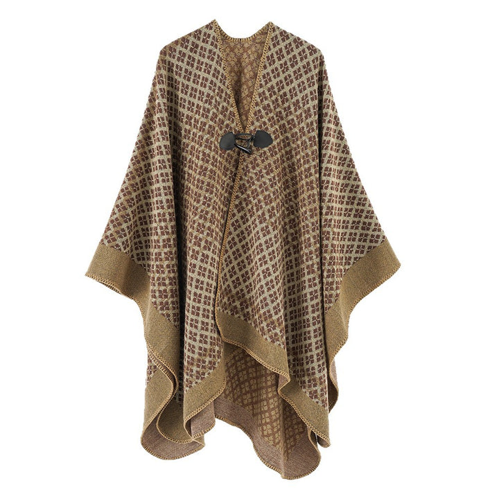 Women's wool poncho with geometric check pattern and toggle closure Mune Fashion