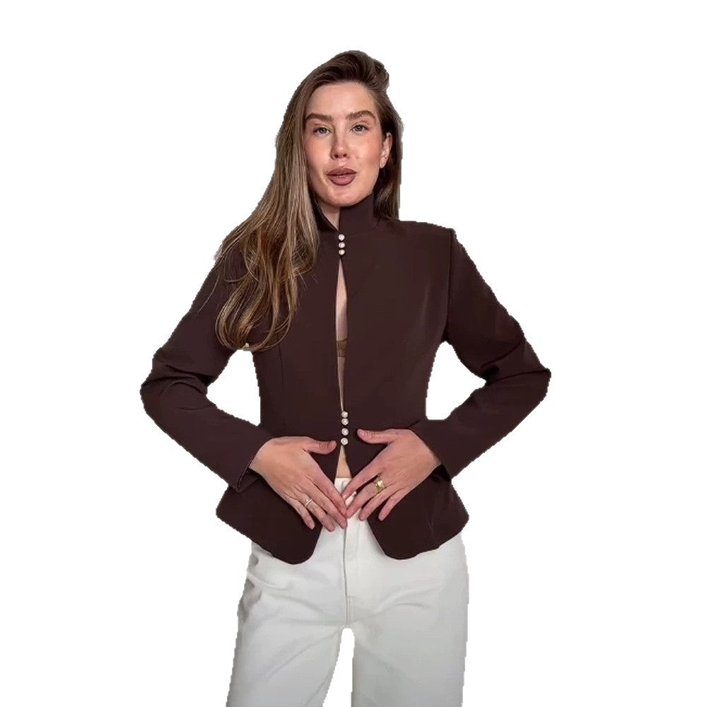 Women's Tailored Blazer with Stand Collar and Pearl Button Placket Mune Fashion
