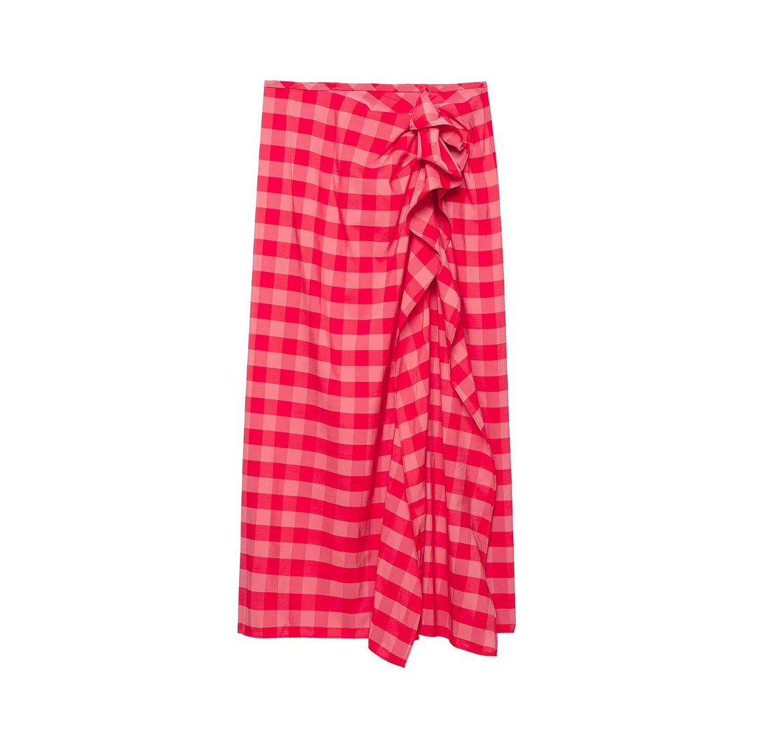 Women's midi skirt with Vichy check, wrap look and side ruffle Mune Fashion