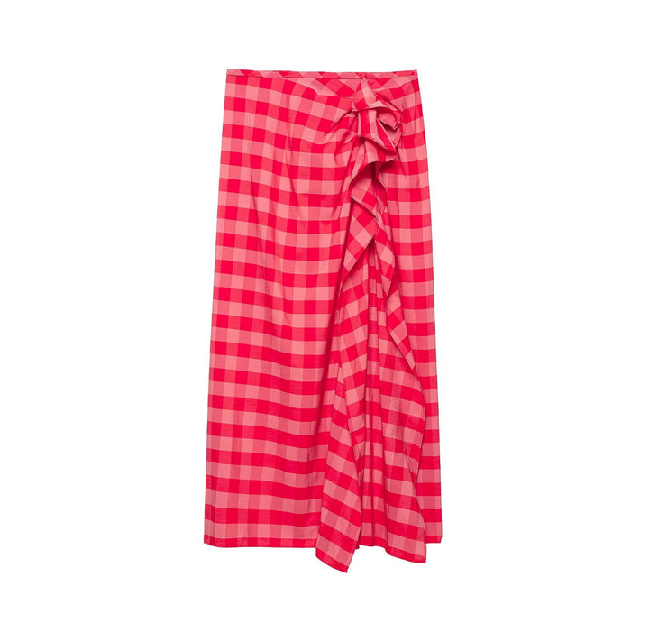 Women's midi skirt with Vichy check, wrap look and side ruffle Mune Fashion