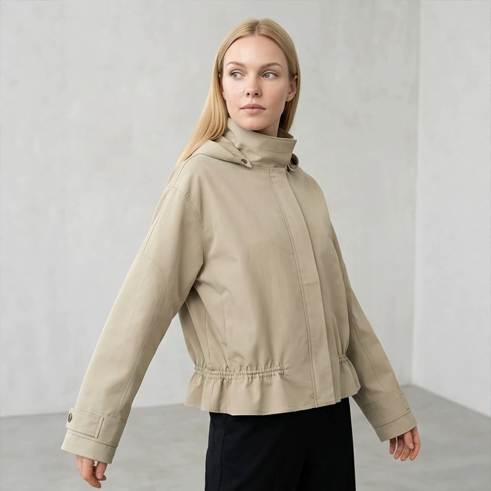 Women Short Vegan Leather Jacket with Hood, Concealed Snap Button Placket and Drawstring Hem Mune Fashion