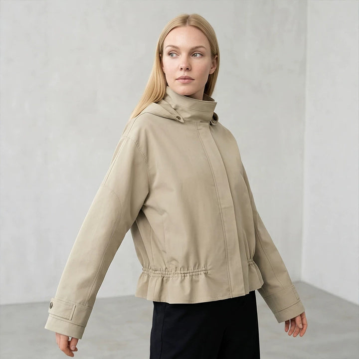 Women Short Vegan Leather Jacket with Hood, Concealed Snap Button Placket and Drawstring Hem Mune Fashion