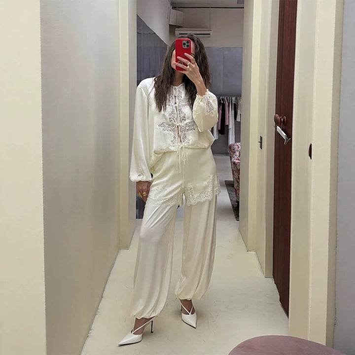 Women's Satin Loungewear Set with Lace Trim, Drawstring Top and Ballooned Palazzo Pants Mune Fashion