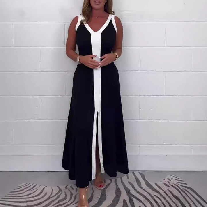 Women's tailored V-neck train dress with contrasting center yoke and central front slit Mune Fashion