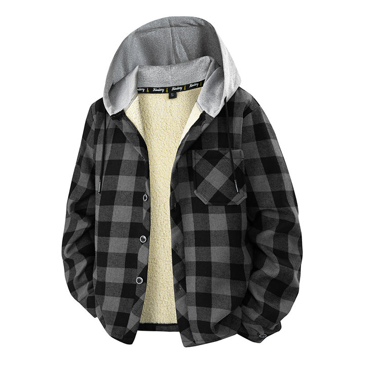 Men's plaid Sherpa-lined overshirt with hood, chest pocket, and snap button closure Mune Fashion