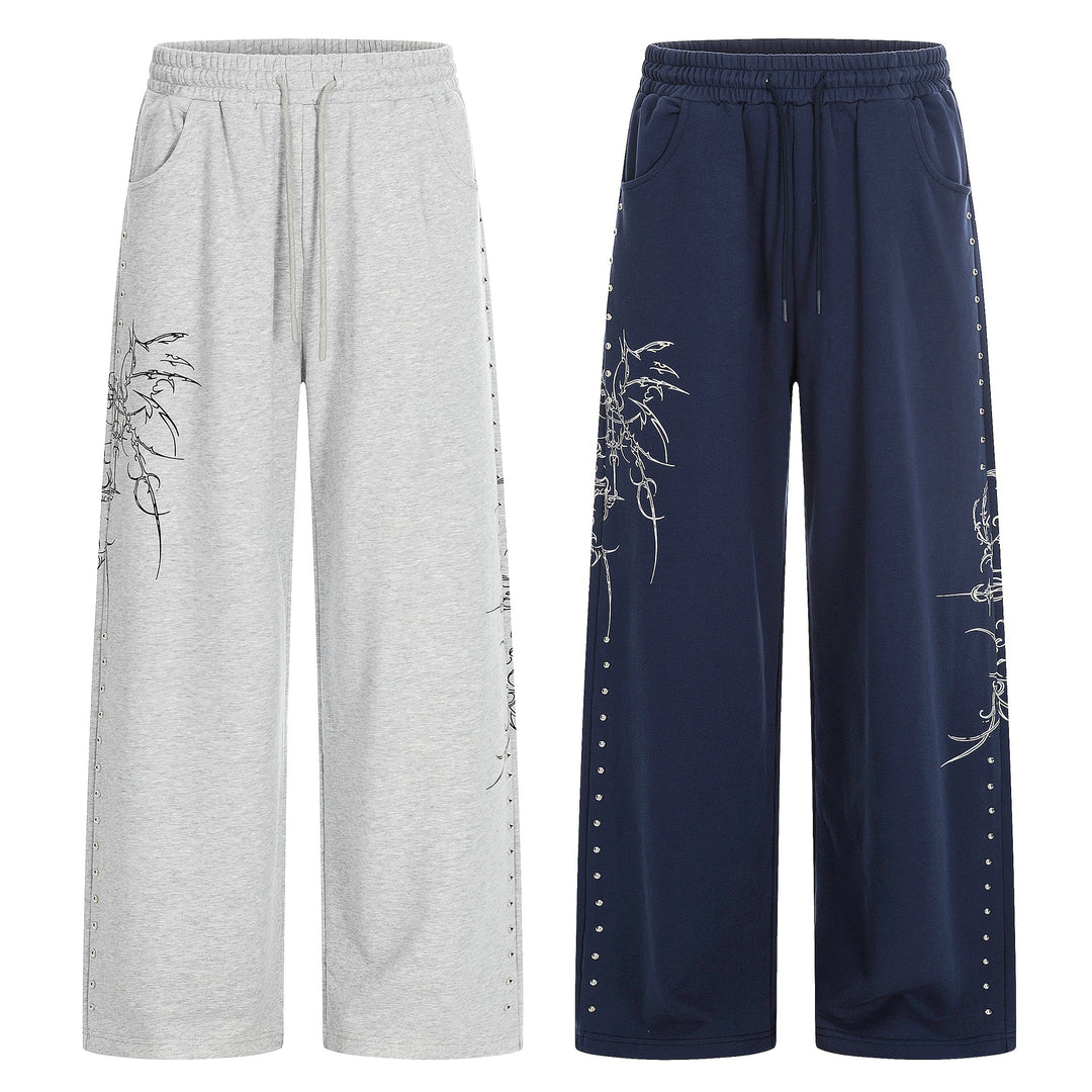 Women's Loose Sweatpants with Drawstring, Decorative Studs and Graphic Print Mune Fashion