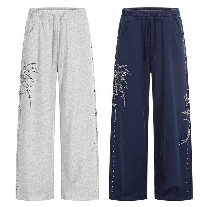 Women's Loose Sweatpants with Drawstring, Decorative Studs and Graphic Print Mune Fashion