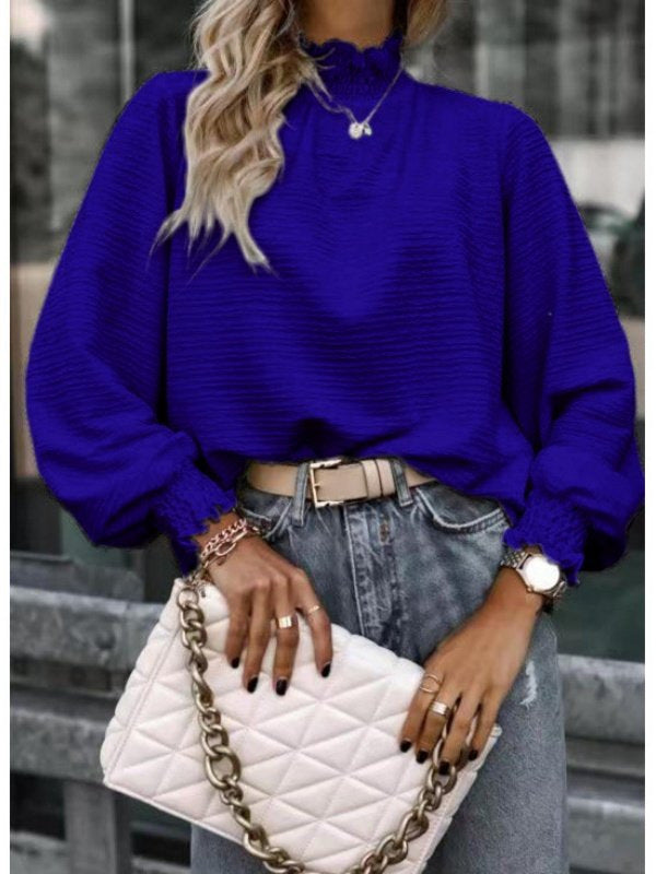 Women Loose Structured Long Sleeve Top with Ruffle Collar and Smocked Cuffs Drune
