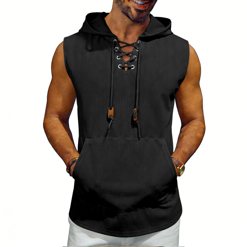 Men's sleeveless hooded vest with lace-up V-neck, kangaroo pocket, and casual fit Mune Fashion