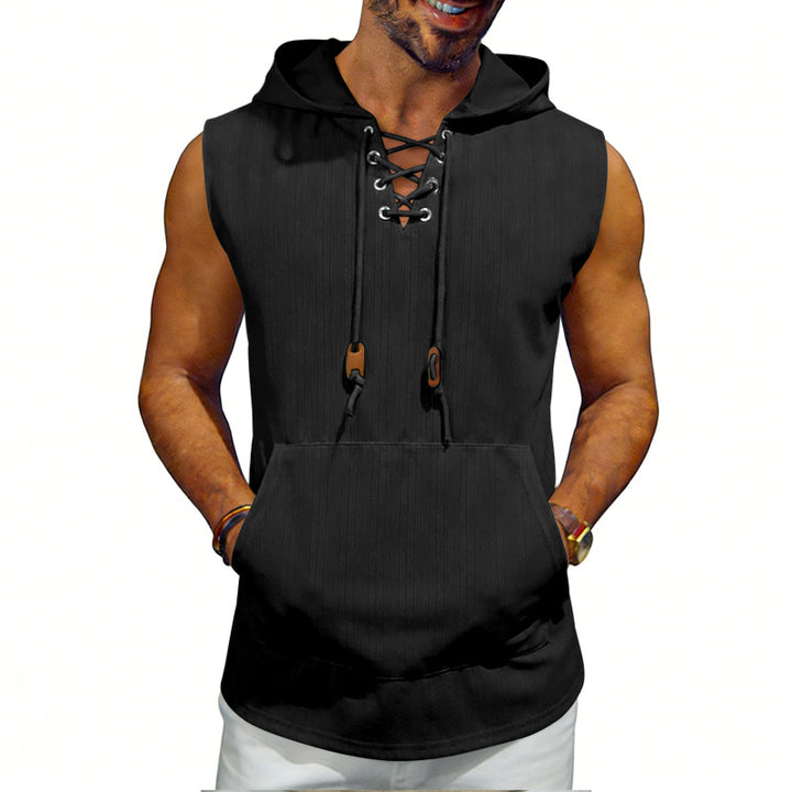 Men's sleeveless hooded vest with lace-up V-neck, kangaroo pocket, and casual fit Mune Fashion