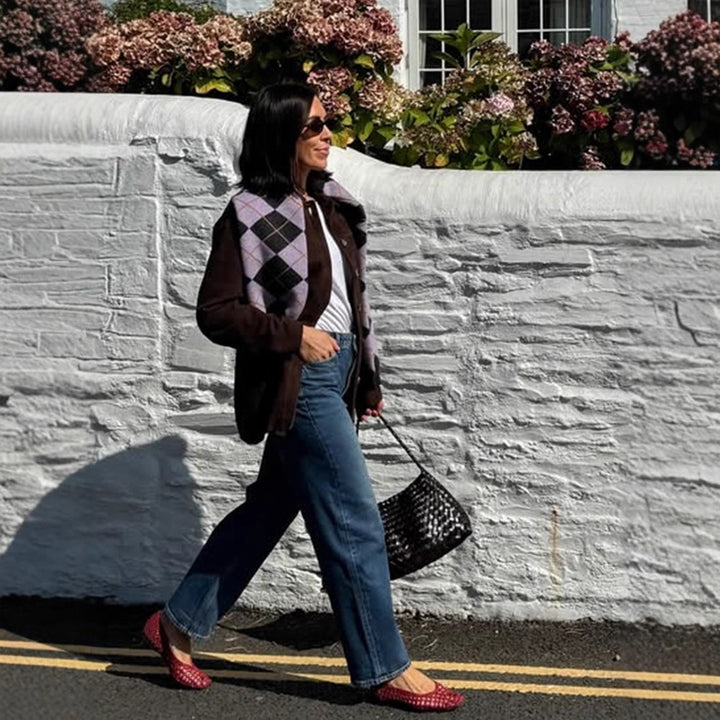 Ladies Argyle Cardigan with Boxy Silhouette and Large Button Placket Mune Fashion
