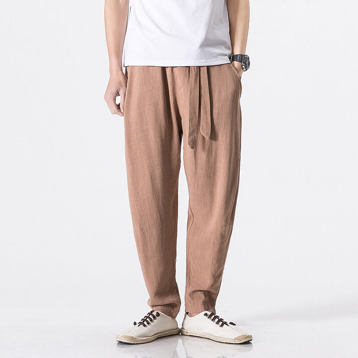 Men's relaxed linen-cotton harem jogger pants with concealed drawstring and tapered leg Mune Fashion