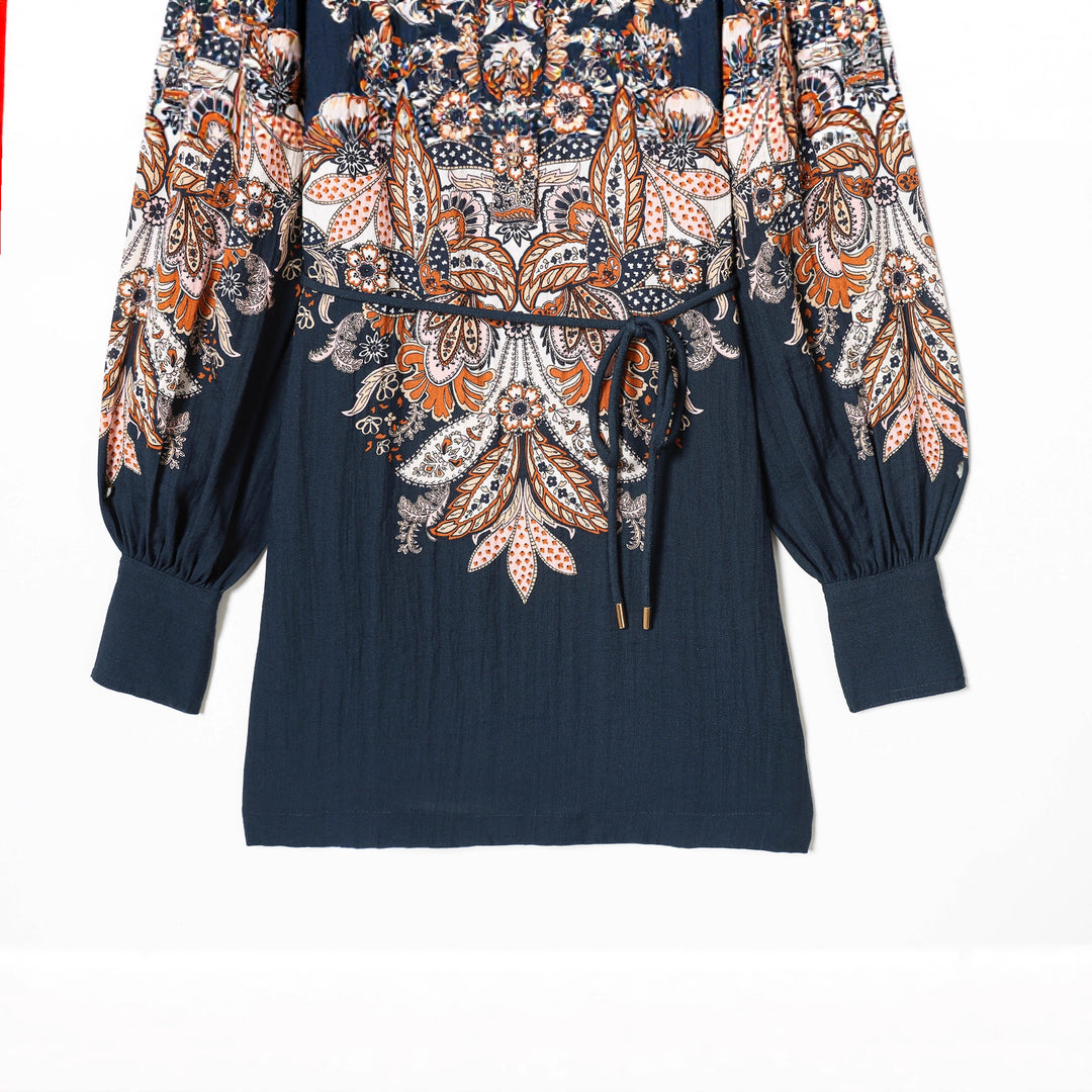 Women's Paisley Tunic with Stand-Up Collar, Waist Drawstring, and Balloon Sleeves Mune Fashion