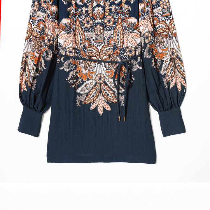 Women's Paisley Tunic with Stand-Up Collar, Waist Drawstring, and Balloon Sleeves Mune Fashion