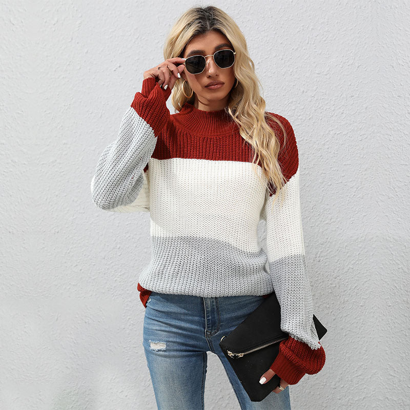 Women's Fashionable Knit Sweater with High Collar and Block Stripes Mune Fashion