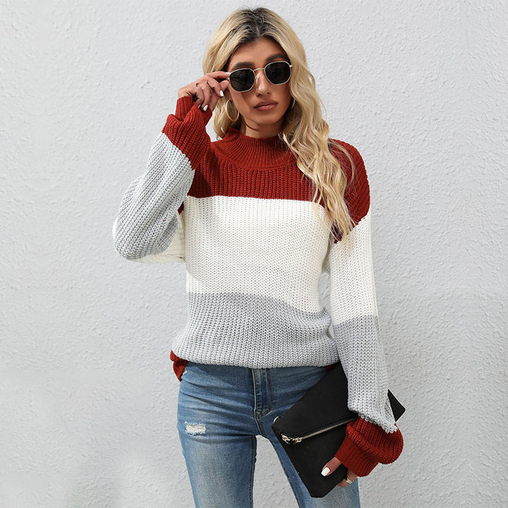 Women's Fashionable Knit Sweater with High Collar and Block Stripes Mune Fashion