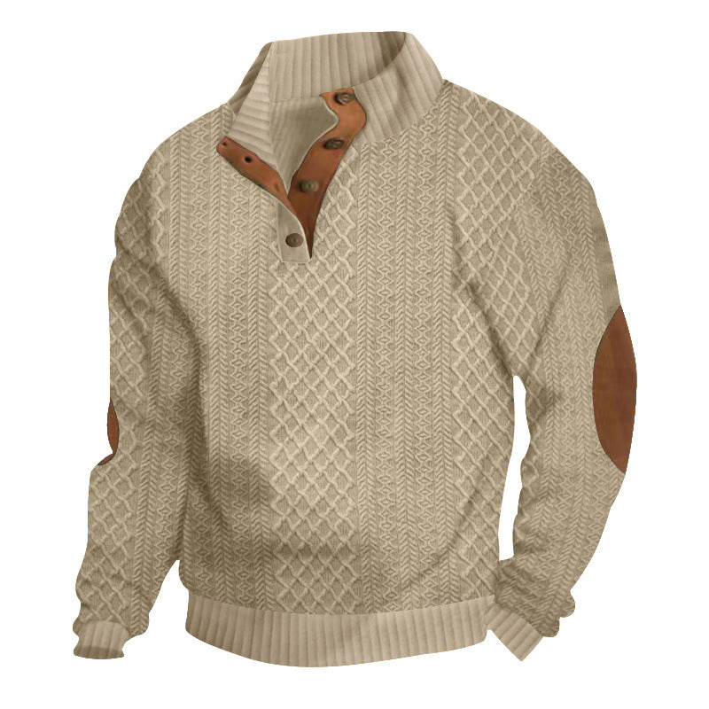 Men's upscale knit sweater with diamond pattern, high ribbed collar, buttoned placket, and leather trim on elbow. Mune Fashion