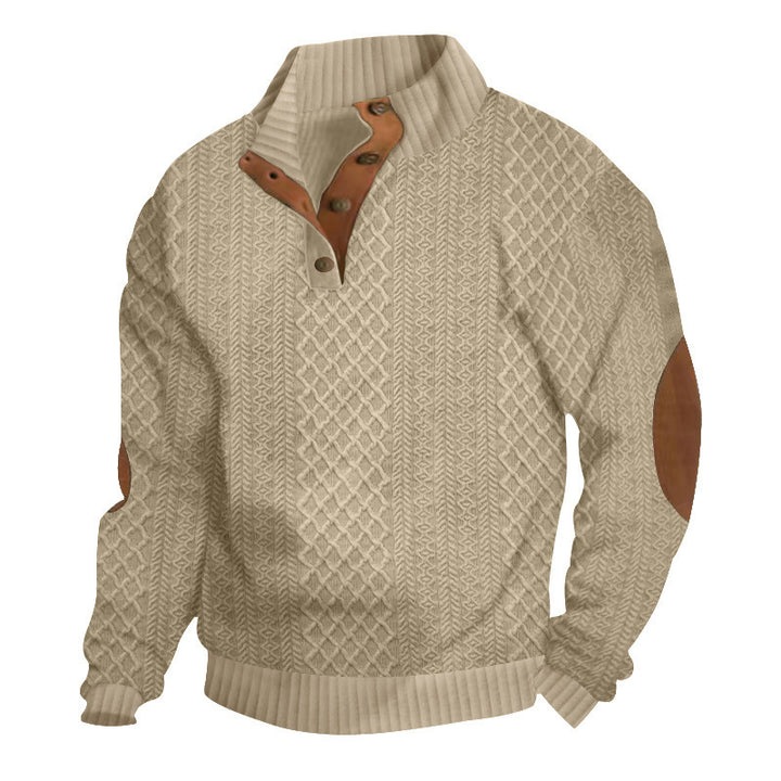Men's upscale knit sweater with diamond pattern, high ribbed collar, buttoned placket, and leather trim on elbow. Mune Fashion