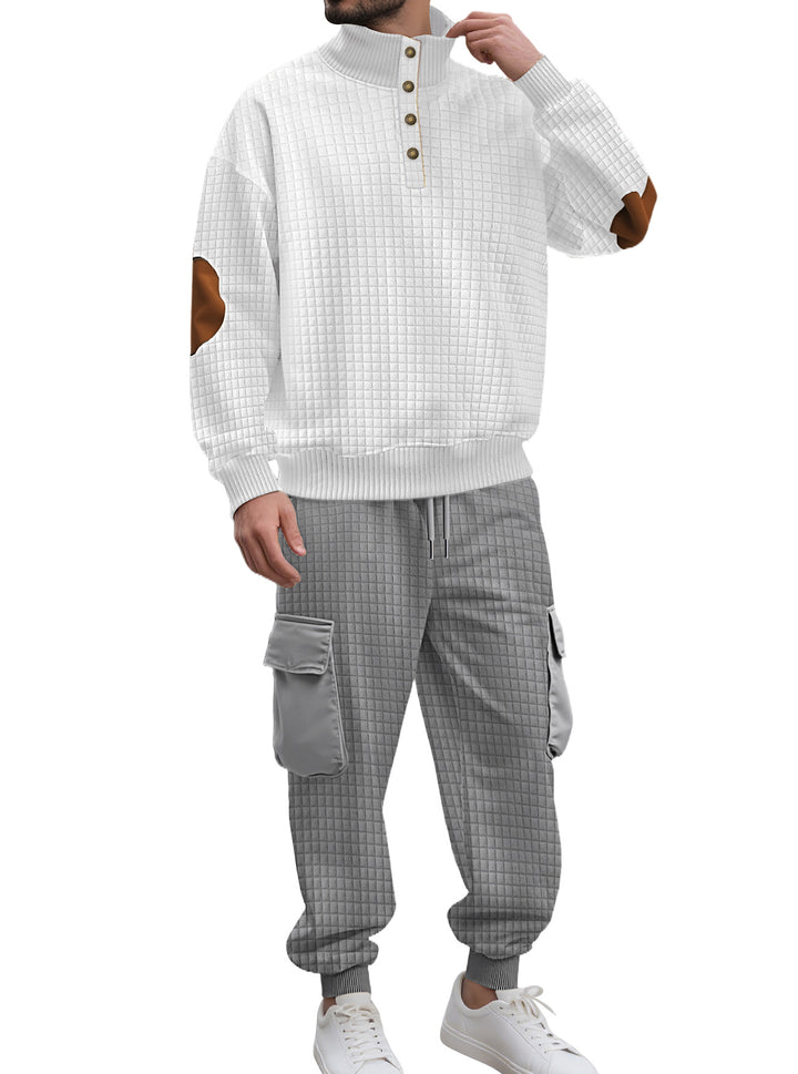 Men's check relief sweat set with stand collar button placket, velour elbow patches and cargo jogger Mune Fashion