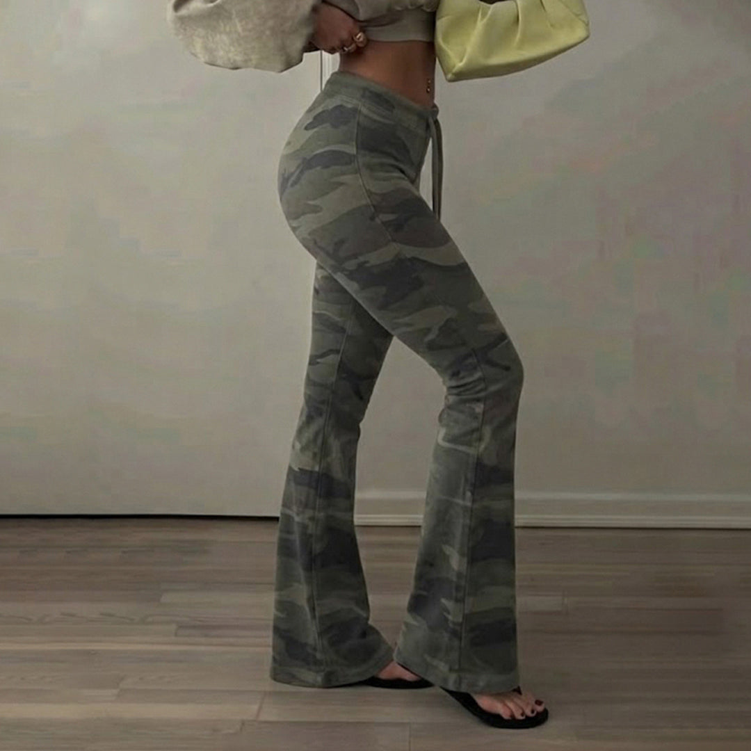Women Soft Flare Pants in Camouflage Pattern with Drawstring and High Waist Mune Fashion
