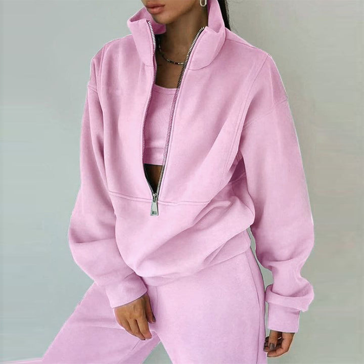 Women's Oversized Half-Zip Sweatshirt with High Stand Collar and Concealed Kangaroo Pocket Mune Fashion