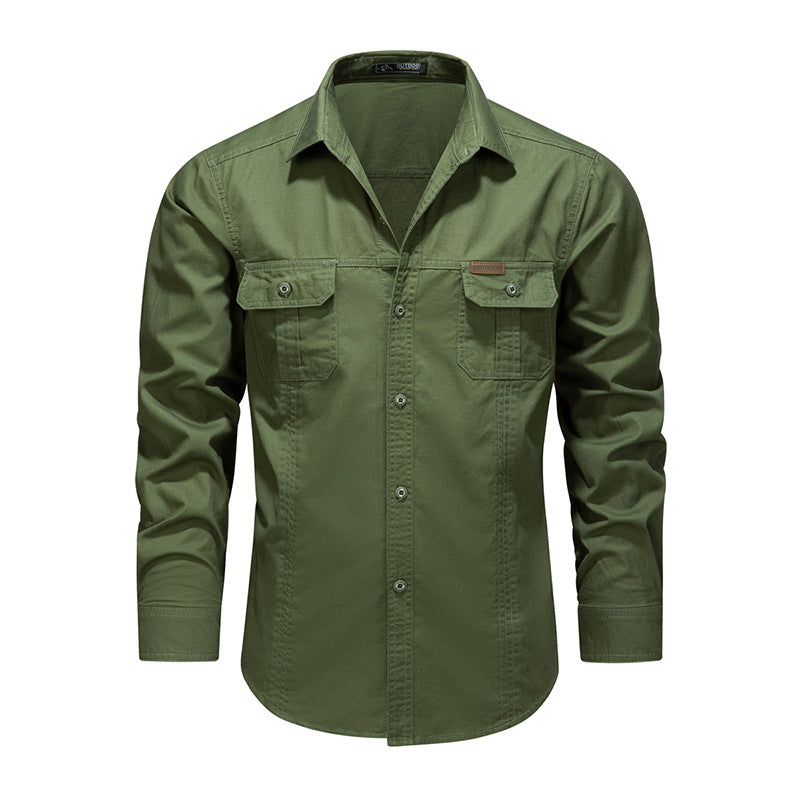 Men's Robust Canvas Work Shirt with Chest Flap Pockets and Classic Shirt Collar Mune Fashion
