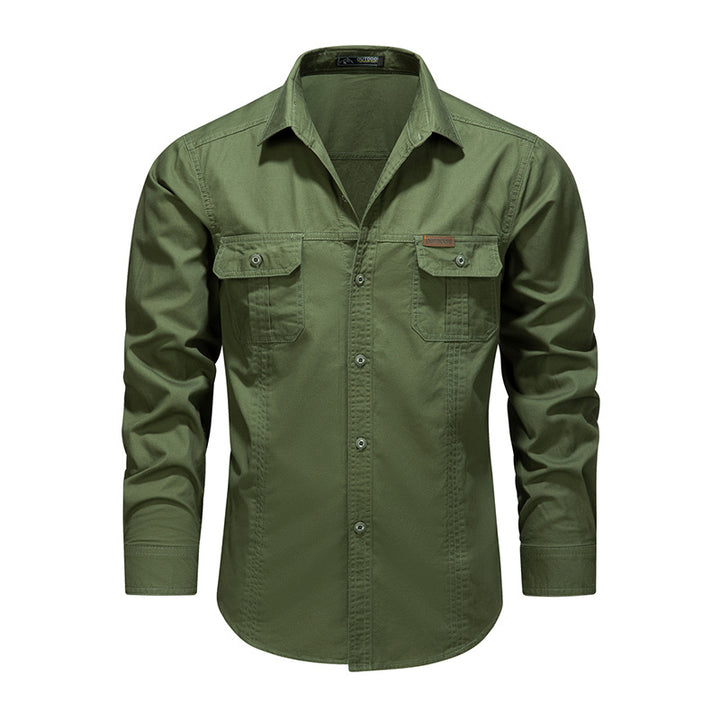 Men's Robust Canvas Work Shirt with Chest Flap Pockets and Classic Shirt Collar Mune Fashion