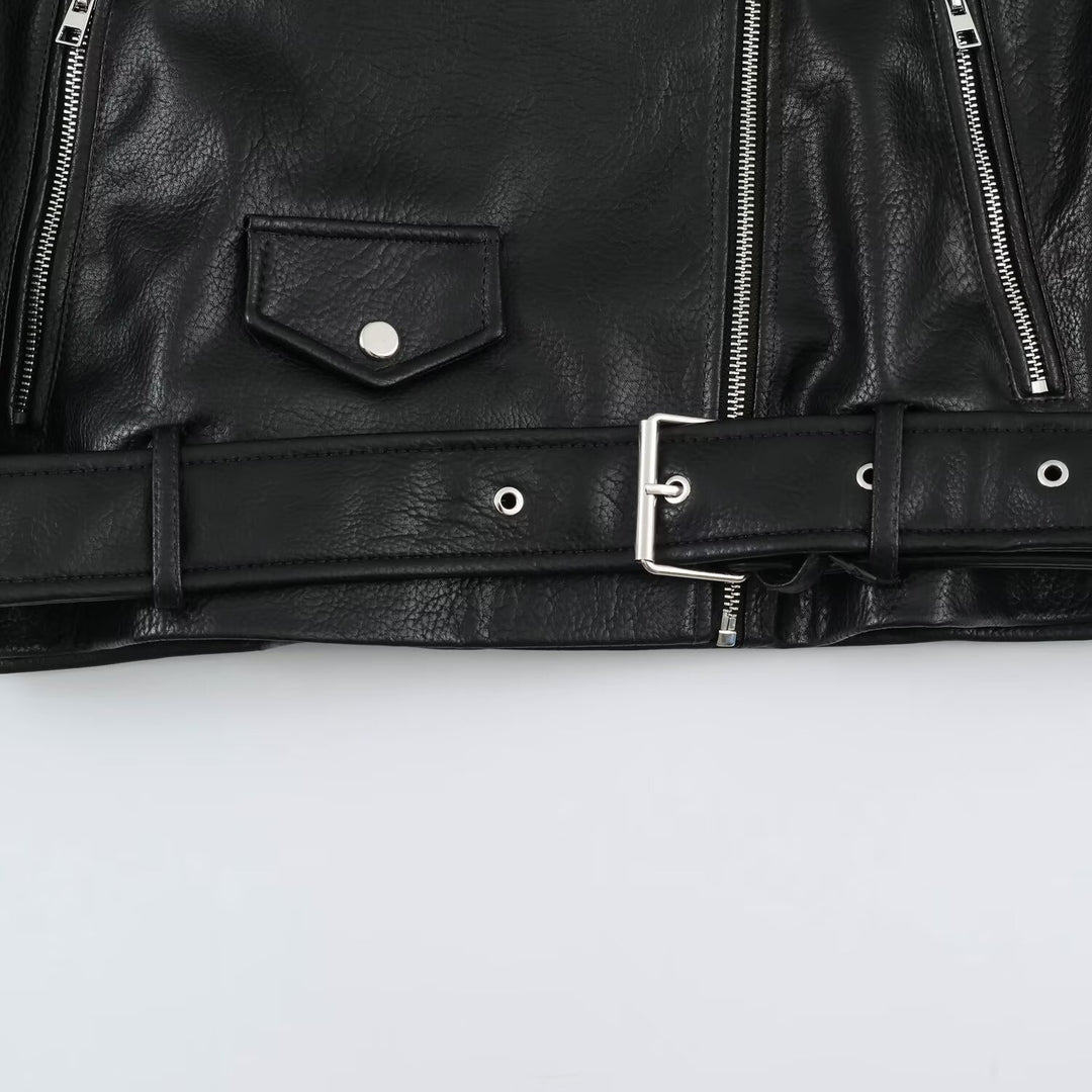 Men's biker leather jacket with high stand-up collar, shoulder flaps and waist belt Mune Fashion